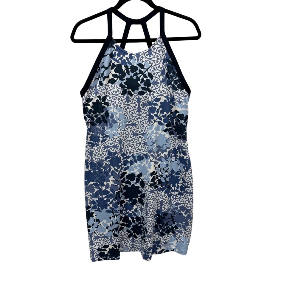 Title Nine Womens Blue Floral Mosaic Halter Dress Strappy Back Built-in Bra L